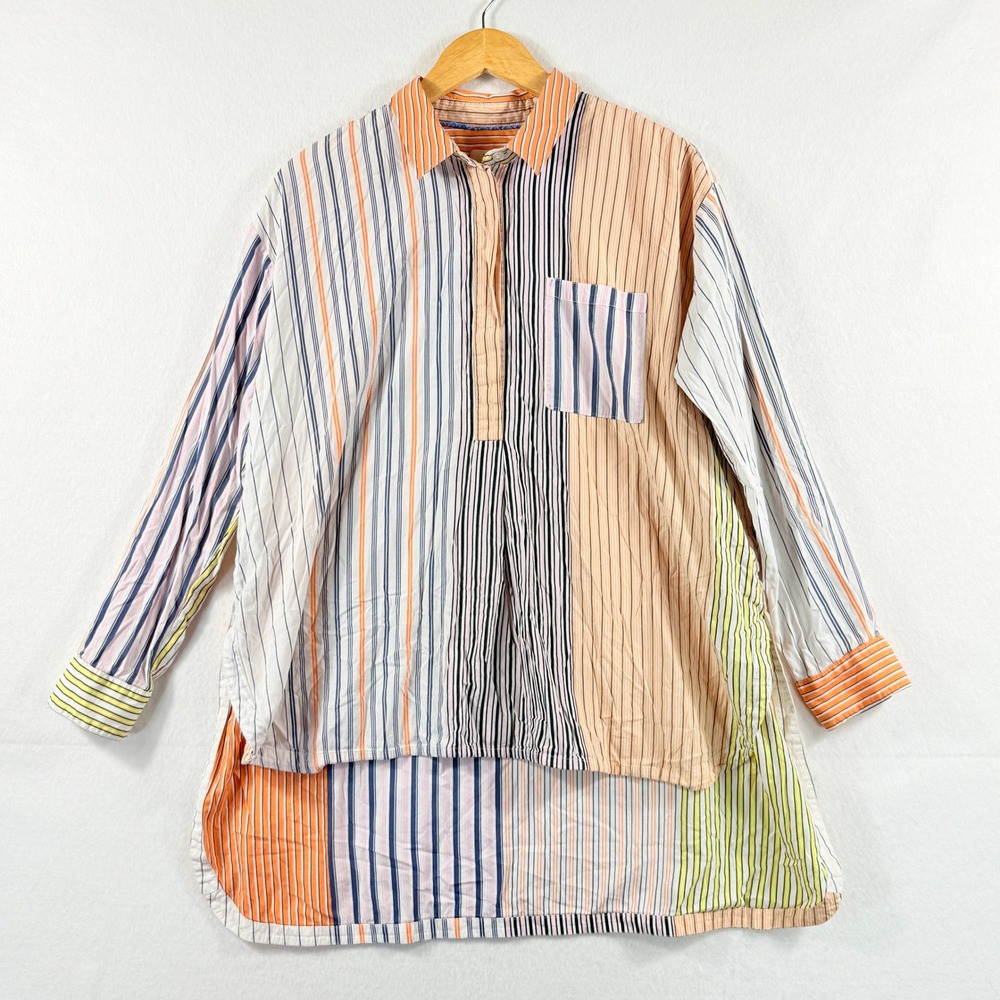 Maeve Striped Tunic Women Medium Multi Mixed Stripe Boho Coastal Top Loose Flowy